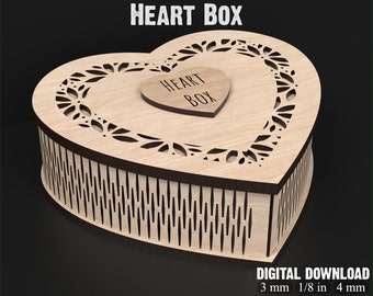 Caja en forma de corazón Svg Archivos cortados con láser - Archivos svg de caja de corazón para corte por láser - Caja de joyería de San Valentín ideal para regalos y recuerdos #123