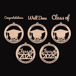 Set of 5 Graduation Ornament SVG Laser Cutting Files, Included are Congratulations, Well Done and Class of 2025.