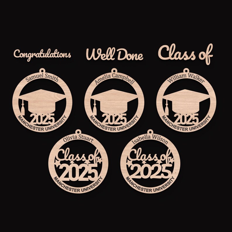 Set of 5 Graduation Ornament SVG Laser Cutting Files, Included are Congratulations, Well Done and Class of 2025.