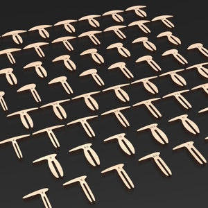 A set of 60 wooden Honeycomb bed pins for use as material hold down clamps aligned in an array. The laser cutting files include 4 different designs with 15 different sizes of each type