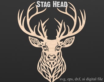 Fichier SVG de découpe laser de tête de cerf / tête de cerf, fichiers prêts au laser de silhouette de cerf, décoration géométrique de cerf d’animal de ferme de renne #022
