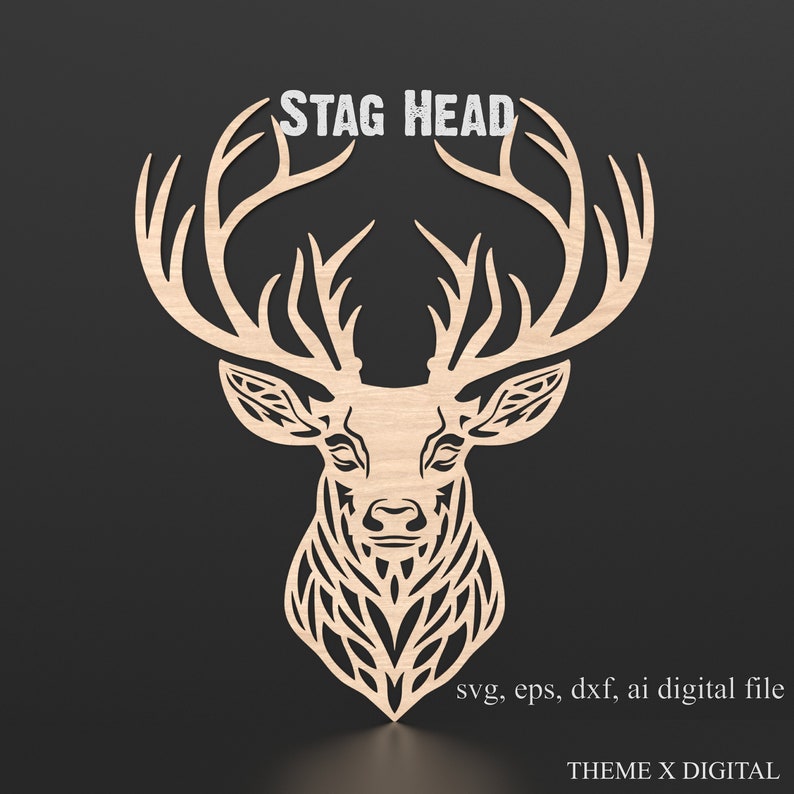 An intricate cut geometric stag head wall plaque cut out of wood placed on a wall.
