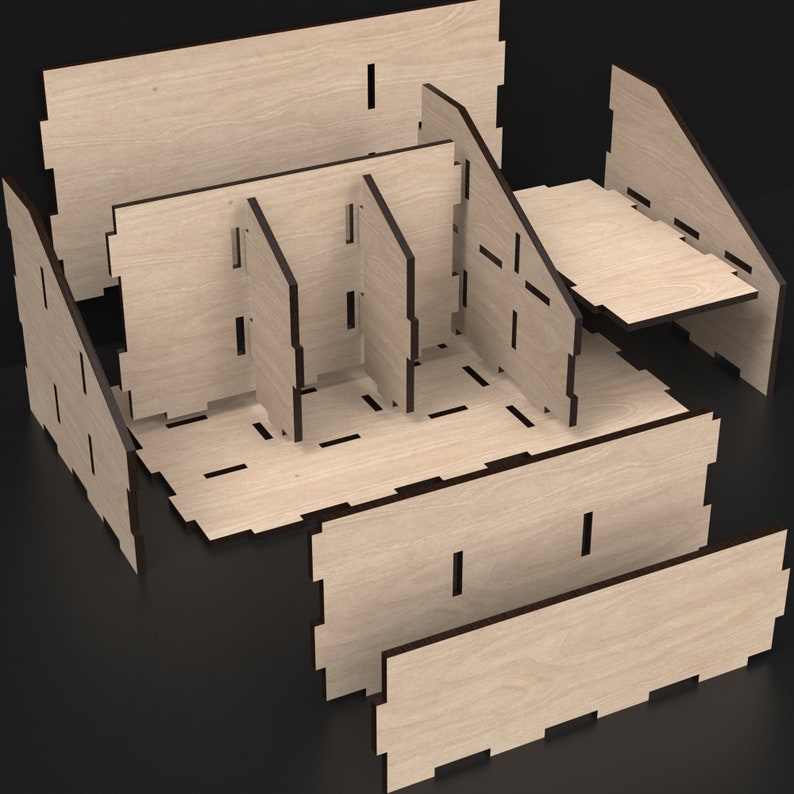 An Exploded View Of Out Laser Cut Desk Organizer With Drawer made from our Svg Laser Cutting Files Digital Download.