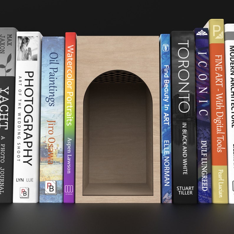 Wooden Book Ends - Book Nook Kit with secret compartment made from our svg laser cutting files digital download.