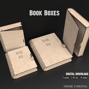 Wooden Book Boxes in 2 sizes made from our svg laser cutting files digital download.