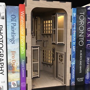 An enchanting Magic Alley Book Nook SVG Kit, tailored for book stands and book holders using our downloadable SVG laser cutting files
