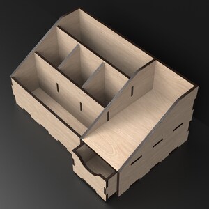 Laser Cut Desk Organizer Storage Unit With Drawers made from our Svg Laser Cutting Files Digital Download.