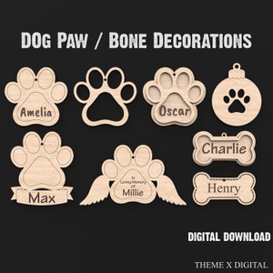 Hund Pfotenabdruck & Hund Knochen SVG Laser-Cutting Files Christbaumschmuck, hängend Weihnachten Hund SVG Datei für Glowforge XTool Lightburn #069