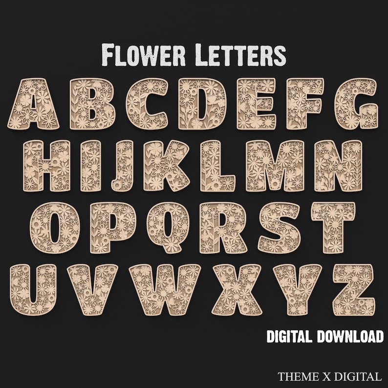 The Full A - Z Alphabet Of Our Wooden Floral Flower Letters made from our Svg laser cutting files digital download.