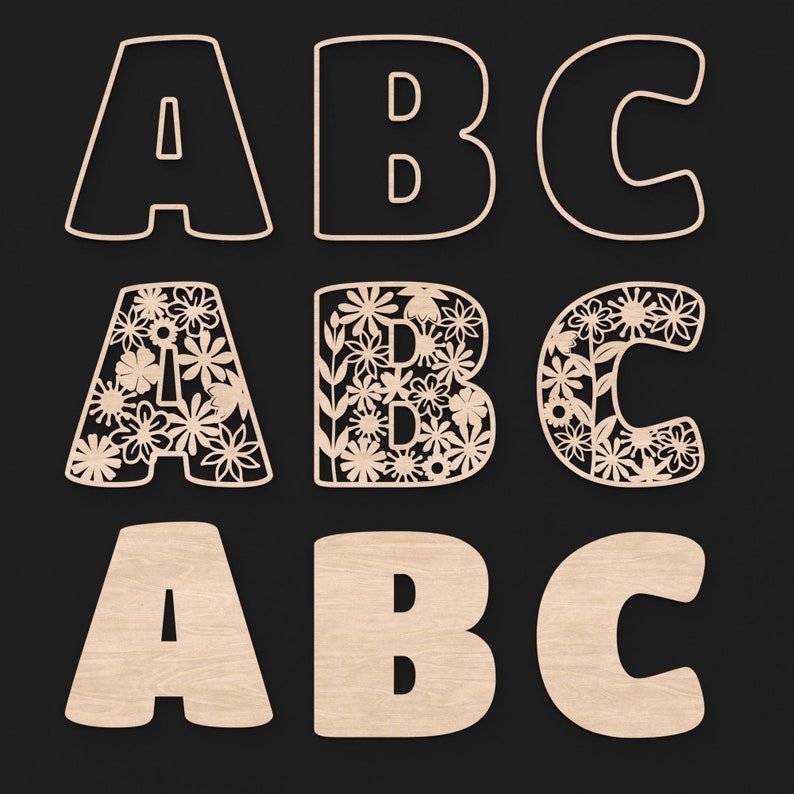 The Letters A, B and C Floral Flower Letters With 3 Layers made from our Svg laser cutting files digital download.