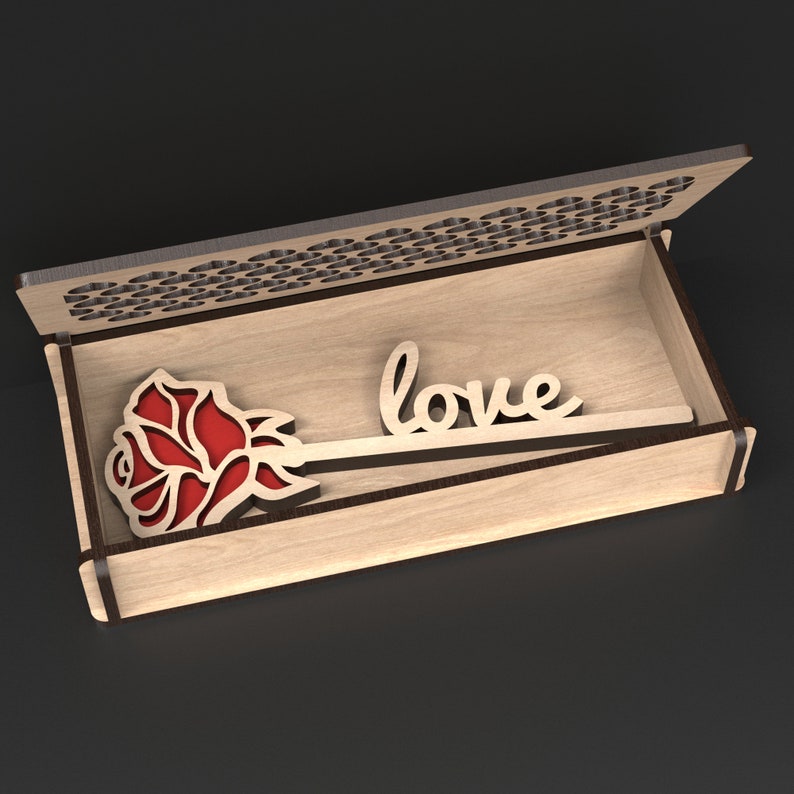 Personalised Wooden Heart Box With Rose - Fake Flowers Valentine Gift made from our laser cutting files digital download.