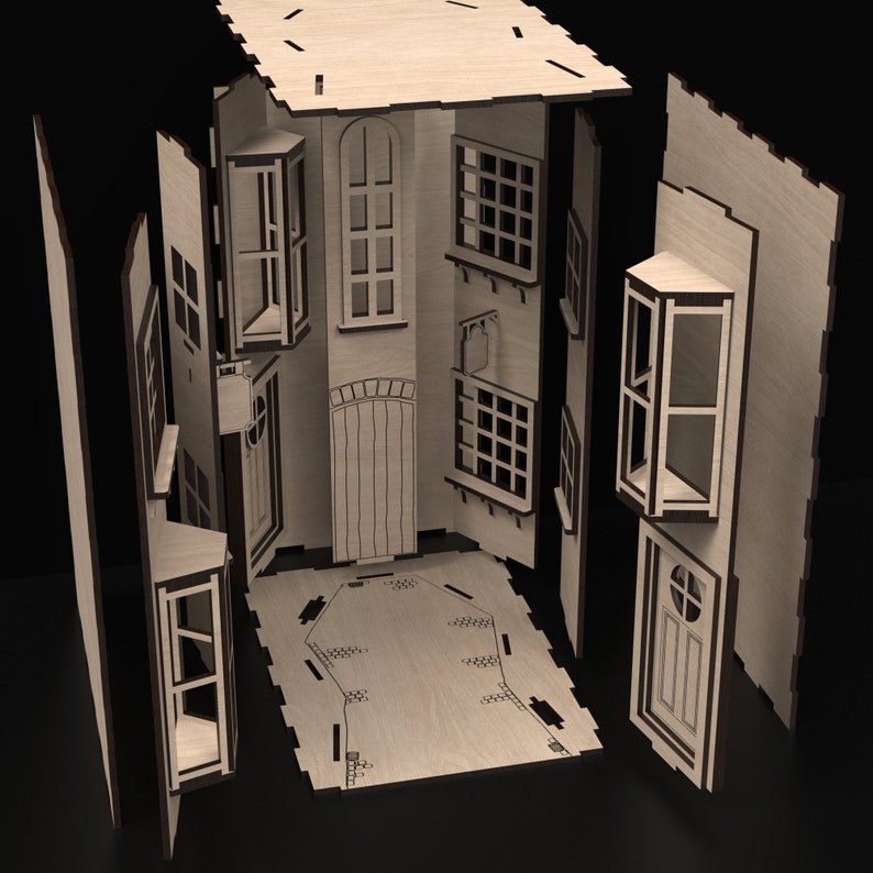 An exploded view of our Magic Alley Book Nook Kit Perfect for Book Ends and book holders made from our svg laser cutting files digital download.