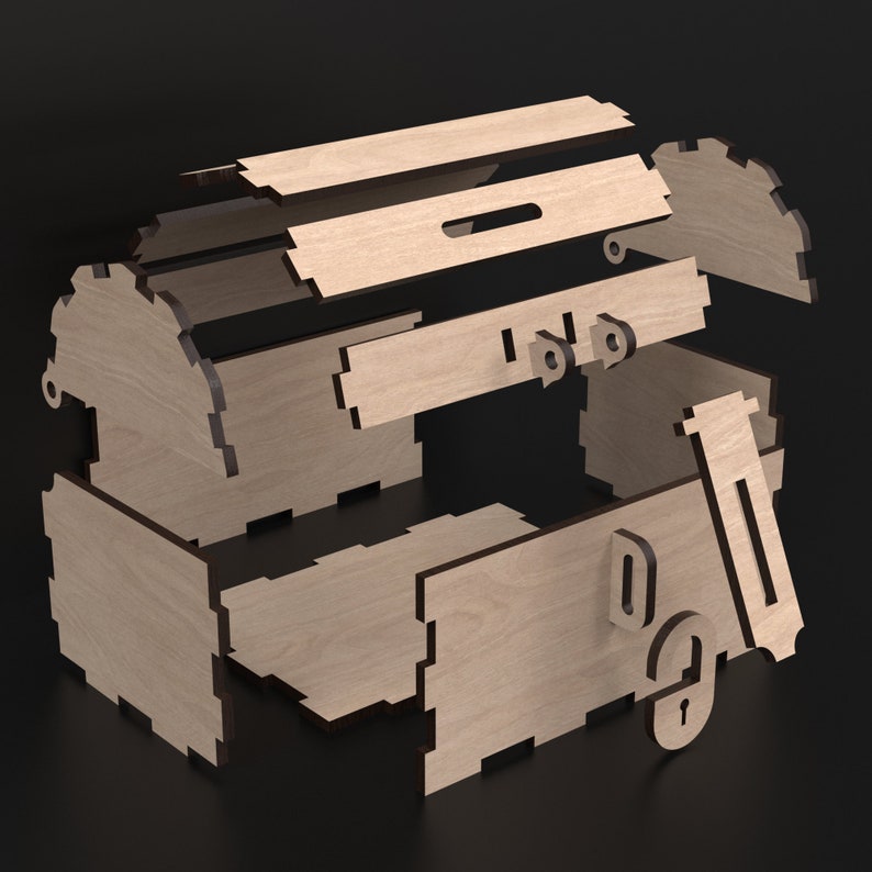 An exploded view of our Kids Wooden Treasure Chest Money Box Piggy Bank, designed with our digital SVG Laser Cutting Files, ready for instant download.