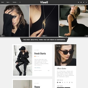 May include: Website homepage featuring a fashion and lifestyle theme. The top row includes three images: a woman in a black sweater, a necklace, and a woman doing yoga. The bottom row includes a woman in black clothing, and a woman wearing sunglasses.