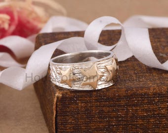 Sterling Silver Star Ring, Two Tone Ring, Handmade Ring, Star Ring, Texture Band Ring, Graduation Gift, Statement Ring, Gift For Her