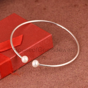 Beautiful Open Bangle Cuff Bangle, 925 Sterling Silver Ring, Two Pearl Bangle, Minimalist   Bangle, Anniversary Gift, Gift For Her & Him