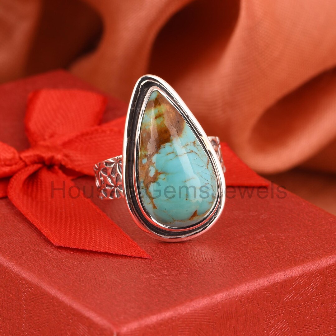 Kingman Turquoise Sterling Silver Ring: Pear Cocktail Statement Ring - Etsy