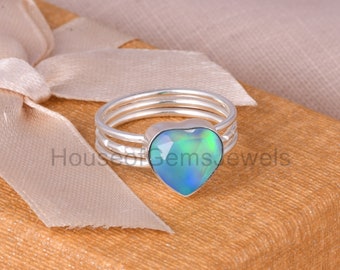 Aurora Opal Gemstone Sky Ring, Fine 925 Sterling Silver Ring, Stackable Jewelry, Heart Ring, Handmade Engagement Ring, Gift For Her & Mom