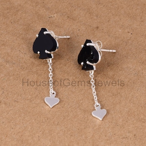 Black Onyx Gemstone Ring, 925 Sterling Silver Earring, Charm Earring, Playing Card Jewelry, Chain Dangle Earring, Minimalist Jewelry for Her