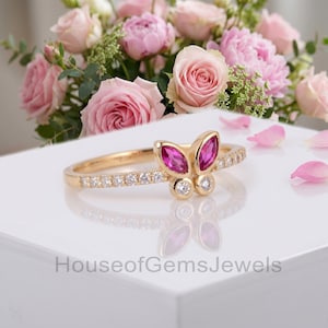 14kt massief gouden vlinderring - in het laboratorium gekweekte hete roze toermalijn en diamanten ring - elegant cadeau voor haar - IGI-gecertificeerde sieraden - gouden ring.