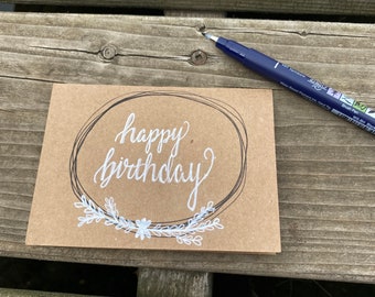 Happy Birthday Card; Minimalist Birthday; Floral with white accent in circle