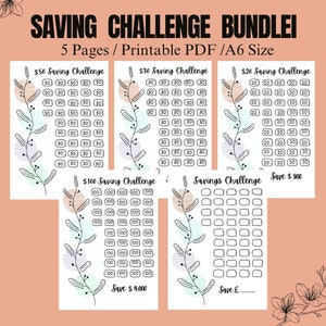 May include: Five printable pages of saving challenge trackers. Each page features a different amount to save, from $20 to $100. The pages are decorated with a floral design in shades of pink, green, and purple.