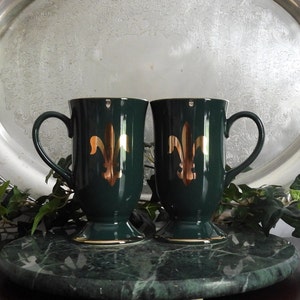 Pair 5 Pedestal Mugs Regency Dark Green/Fleur-De-Lis Plant Motif/Gold Trim/Hornsea Pottery England/Garden image 1