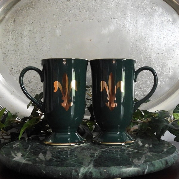 Pair 5" Pedestal Mugs Regency Dark Green/Fleur-De-Lis Plant Motif/Gold Trim/Hornsea Pottery England/Garden