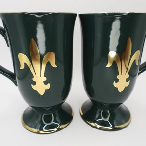 Pair 5 Pedestal Mugs Regency Dark Green/Fleur-De-Lis Plant Motif/Gold Trim/Hornsea Pottery England/Garden image 3