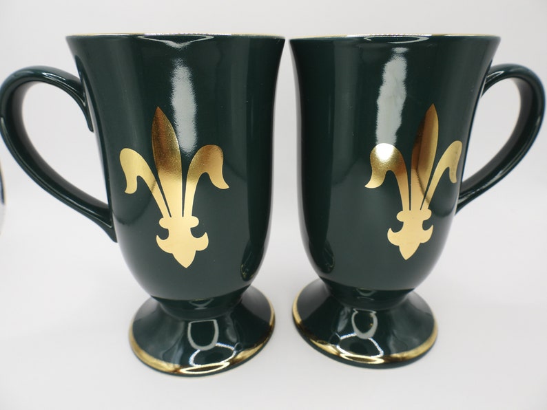 Pair 5 Pedestal Mugs Regency Dark Green/Fleur-De-Lis Plant Motif/Gold Trim/Hornsea Pottery England/Garden image 3