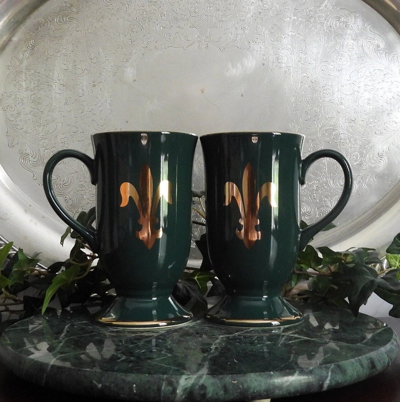 Pair 5 Pedestal Mugs Regency Dark Green/Fleur-De-Lis Plant Motif/Gold Trim/Hornsea Pottery England/Garden image 1