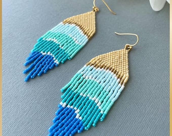 Brincos com franjas e miçangas estilo praia, modelo em PDF para agulha Miyuki Delica 11/0, NA-387