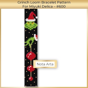 Könnte beinhalten: Ein Perlenarmband-Muster mit dem Grinch, einem Weihnachtsbaum und Ornamenten. Das Muster ist für die Verwendung mit Miyuki Delica Perlen, Größe 600, gedacht. Das Muster trägt den Titel "Grinch Loom Bracelet Pattern for Miyuki Delica - #600" und der Name des Künstlers ist "Nota Arta".