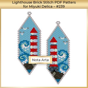 May include: A pair of blue and white beaded earrings with a red and white lighthouse design. The earrings are made with Miyuki Delica beads and are brick stitch. The pattern is called "Lighthouse Brick Stitch PDF Patterns for Miyuki Delica - #239" and is by Nota Arta.