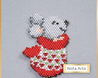 Padrão PDF de ponto de tijolo com miçangas de Natal Mouse in a Mitten para Miyuki delica 11/0, NA-72