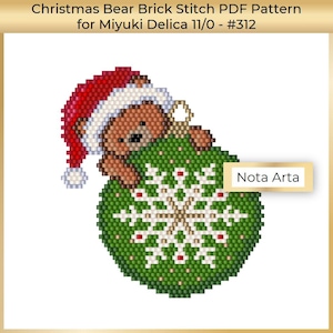 May include: A Christmas-themed beading pattern featuring a brown bear wearing a red Santa hat and holding a green Christmas ornament with a white snowflake design. The pattern is for Miyuki Delica 11/0 beads and is labeled "#312".