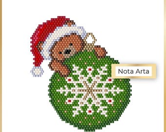 Urso de Natal com floco de neve redondo plano verde tijolo ponto PDF padrão para Miyuki delica 11/0, #312