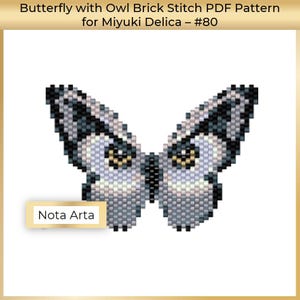 K&ouml;nnte beinhalten: Ein graues und schwarzes Schmetterlingsperlenmuster mit Eulen-Ziegel-Stich. Das Muster ist f&uuml;r Miyuki Delica Perlen und ist mit #80 gekennzeichnet. Das Muster stammt von Nota Arta.