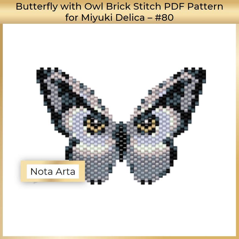 K&ouml;nnte beinhalten: Ein graues und schwarzes Schmetterlingsperlenmuster mit Eulen-Ziegel-Stich. Das Muster ist f&uuml;r Miyuki Delica Perlen und ist mit #80 gekennzeichnet. Das Muster stammt von Nota Arta.