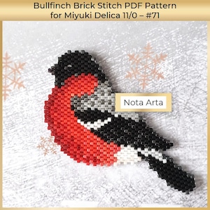 May include: A beaded bullfinch bird in red, black, white, and gray colors. The bird is made with Miyuki Delica 11/0 beads and is a brick stitch pattern. The image includes the text "Nota Arta".