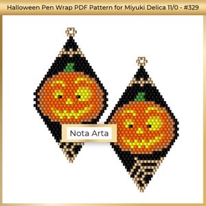 May include: A pair of black and orange Halloween pumpkin earrings made with seed beads. The earrings are shaped like a diamond and feature a smiling pumpkin face.