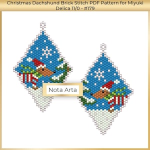 May include: A PDF pattern for making a pair of Christmas dachshund earrings using Miyuki Delica 11/0 beads. The pattern features a dachshund wearing a Santa hat and surrounded by snowflakes and pine branches. The pattern is titled "Christmas Dachshund Brick Stitch PDF Pattern for Miyuki Delica 11/0 - #179" and "Nota Arta".