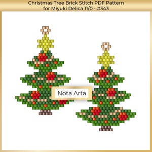 May include: Two green Christmas tree beading patterns with red ornaments and gold accents. The pattern is for Miyuki Delica 11/0 beads and is labeled #343. The text "Nota Arta" is on a white label.