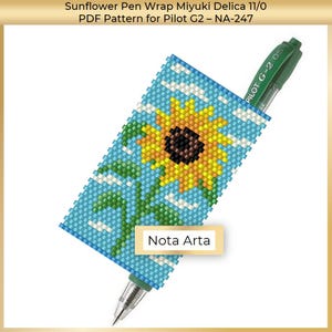 May include: A beaded pen wrap with a sunflower design on a blue background. The pen wrap is made with Miyuki Delica 11/0 beads and is designed for a Pilot G2 pen. The pattern is available as a PDF download from Nota Arta.