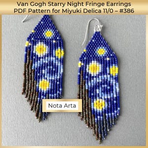 May include: A pair of blue, yellow and brown beaded fringe earrings inspired by Van Gogh's Starry Night painting. The earrings are made with Miyuki Delica 11/0 beads and have silver ear wires. The PDF pattern is for #386.