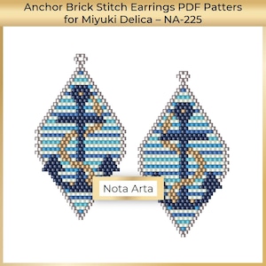 May include: Two diamond-shaped earrings with an anchor design. The earrings are made with a brick stitch pattern using blue, white, and gold beads. The anchor is navy blue, and the background has horizontal stripes of blue and white. The earrings are for Miyuki Delica beads.