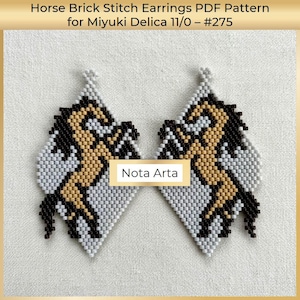 May include: Two diamond-shaped beaded earrings with a horse motif, crafted from grey, black, and gold beads. The earrings display the text "Nota Arta". The design is a PDF pattern for Miyuki Delica 11/0 beads. The earrings are a craft item.