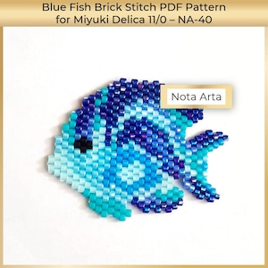 May include: A beaded fish in shades of blue, turquoise, and purple, created using the brick stitch technique. The fish has a black eye and is set against a white background. The text "Nota Arta" is in a yellow rectangle. The top of the image reads "Blue Fish Brick Stitch PDF Pattern".