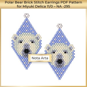 May include: Two beaded polar bear earrings in a brick stitch pattern. The earrings are diamond-shaped with a light blue border and a white polar bear face. The text "Nota Arta" is on a small beige rectangle.