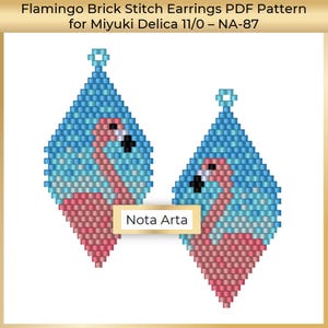 May include: Two beaded flamingo earrings in a brick stitch pattern. The earrings feature a pink flamingo against a blue and white background. The text "Nota Arta" is visible. The earrings are diamond-shaped.